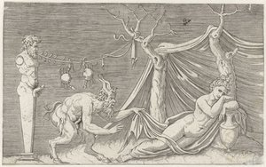 Satyr besluipt een slapende nimf door Marcantonio Raimondi