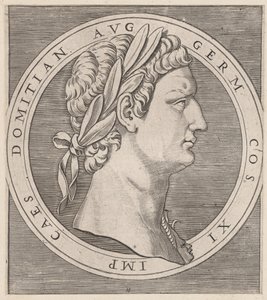 Speculum Romanae Magnificentiae: Domitianus, uit De Twaalf Caesars, ca. 1500-1534 door Marcantonio Raimondi
