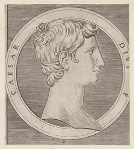 Speculum Romanae Magnificentiae: Octavianus Augustus, uit De Twaalf Caesars, ca. 1500-1534 door Marcantonio Raimondi