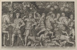 Speculum Romanae Magnificentiae: De Leeuwenjacht door Marcantonio Raimondi
