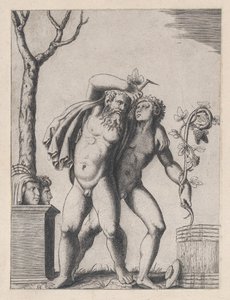 Speculum Romanae Magnificentiae: Jonge en oude Bacchant, ca. 1514-36 door Marcantonio Raimondi
