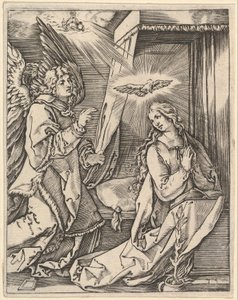 De annunciatie, links nadert de aartsengel Gabriël de biddende Maagd..., ca. 1500-1534 door Marcantonio Raimondi