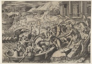 De ontvoering van Helena, gevechtsscène aan een kust met twee mannen die Helena in een boot trekken, ca. 1520-27