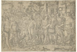 Triomftocht van Romeinse keizer met soldaten en buitgemaakte wapenrustingen door Marcantonio Raimondi