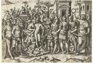 Triomftocht van Romeinse keizer met soldaten en buitgemaakte wapenrustingen door Marcantonio Raimondi