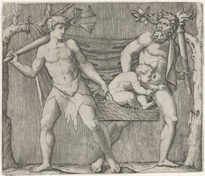 Twee fauns dragen een kind in een mand door Marcantonio Raimondi