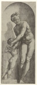 Venus en Amor staand in nis door Marcantonio Raimondi