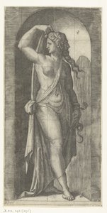 Vrouw als personificatie van Voorzichtigheid (Prudentia) met slang en masker door Marcantonio Raimondi
