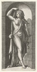 Vrouw als personificatie van Voorzichtigheid (Prudentia) met slang en masker, Zeven Deugden (serietitel) door Marcantonio Raimondi