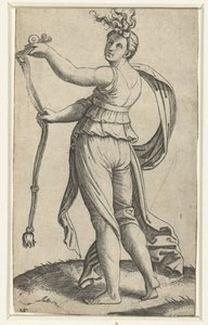 Vrouw met paardentoom als personificatie van Matigheid door Marcantonio Raimondi