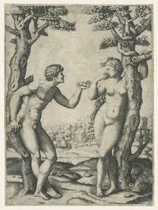 Zondeval van Adam en Eva bij boom van kennis van goed en kwaad met slang door Marcantonio Raimondi