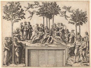 Apollo op de Parnassus door Marcantonio Raimondi after Raphael