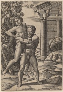Hercules en Antaeus door Marcantonio Raimondi, after Raphael