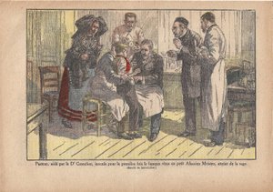 Pasteur, bijgestaan door Dr. Grancher, inoculeerde voor het eerst het beroemde virus bij de kleine Elzasser meester, besmet met hondsdolheid., Le Pèlerin, 5/11/1922 door Marcel Lecoultre
