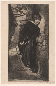 In het zwart geklede vrouw, leunend tegen muur door Marcel Roux (signed by artist)