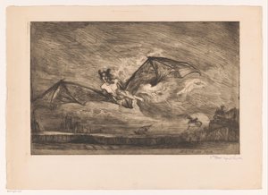 Nachtlandschap met vleermuisachtige wezens door Marcel Roux (signed by artist)