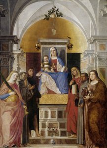 Madonna en Kind met de heiligen Catharina, Franciscus van Assisi, Johannes de Doper, Johannes de Evangelist, Antonius van Padua en Maria Magdalena door Marcello Fogolino