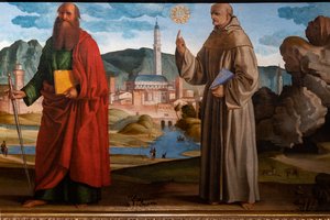 St. Franciscus ontvangt de stigmata tussen St. Clara en Petrus, de zalige Bartolomeo van Breganze, en St. Paulus en Bernardinus, detail door Marcello Fogolino