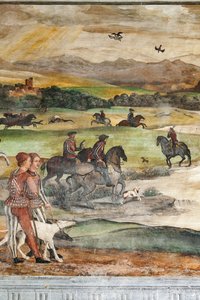 Jachtscène, (detail) van het Bezoek van Christiaan I van Denemarken aan Bartolomeo Colleoni, Erezaal door Marcello or Romani Girolamo (Romanino) (c.1485 c.1566) (attr.to) Fogolino