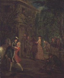 Elegante figuren buiten een huis door Marcellus the Younger Laroon