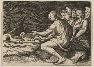 Een groep figuren rechts die getuige zijn van een schipbreuk, ca. 1515-27 door Marco Dente