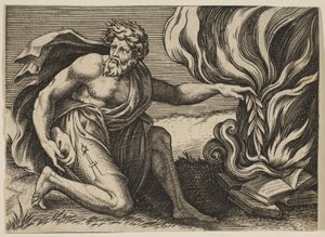 Een man knielt en legt een lauriertak op een stapel brandende boeken, ca. 1515-27 door Marco Dente