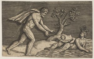 Een naakte man die een najade en een cupido het water in jaagt, ca. 1515-27
