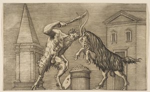 Een sater en een ram die elkaar aanvallen, de sater zwaait met een knuppel in zijn rechterhand..., ca. 1515-27