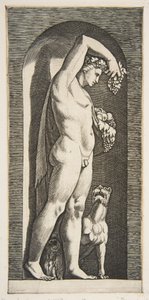 Bacchus staand in een nis met druiven in zijn opgeheven rechterhand, fruit in zijn linkerhand, ca. 1515-27 door Marco Dente