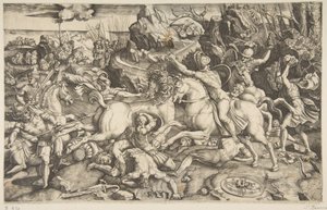 Slagveld in een landschap met soldaten te paard en verschillende gevallen mannen, een ander..., ca. 1520 door Marco Dente