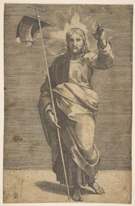 Christus staand naar voren gericht, met een kruis en een banier, ca. 1515-27 door Marco Dente