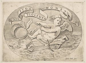 Eros ontsnapt over zee, Cupido gebruikt zijn boog om een boot voort te stuwen gemaakt van zijn koker, ca. 1515-27 door Marco Dente