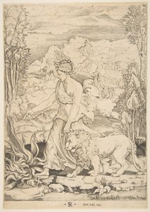 Moed in profiel gezien lopend naar een vuur links en leidend een aangelijnde leeuw..., ca. 1515-27 door Marco Dente