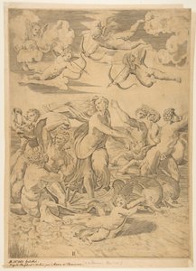 Galatea rijdend in een schelp getrokken door dolfijnen, een cupido eronder door Marco Dente