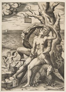 Jupiter en Semele omhelzen elkaar, een adelaar onder hen, een boom rechts