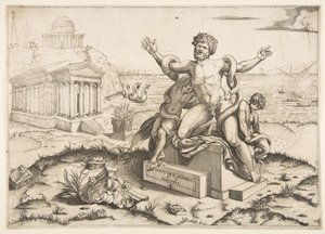 Laocoön en zijn twee zonen worden aangevallen door slangen op een voetstuk, een tempel voor Minerva, ca. 1515-27 door Marco Dente