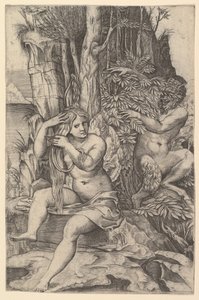 Pan bespiedt de nimf Syrinx die op een rots zit en haar haar kamt, ca. 1516-20