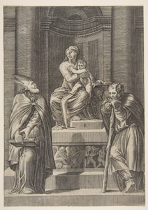 Sint Jozef links en een bisschop rechts voor het altaar van de Maagd..., ca. 1515-27 door Marco Dente