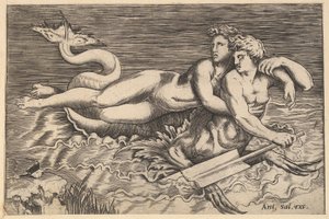 Speculum Romanae Magnificentiae: Een Triton die een nimf ontvoert door Marco Dente