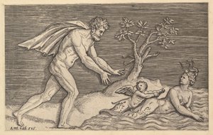 Speculum Romanae Magnificentiae: Naakte Man die een Naiade Achtervolgt, ca. 1515-1527 door Marco Dente
