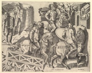 Speculum Romanae Magnificentiae: Romeinse Ruiters die een Brug Oversteken van Trajanus