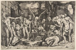 De skeletten, een groep uitgemergelde mannen en vrouwen verzameld rond een skelet, 1515-27