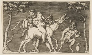 Twee saters plaatsen Silenus op een balkende muilezel en een derde sater rechts