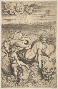 Venus en Cupido rijden op twee zeemonsters, Cupido heft een pijl in zijn rechterhand door Marco Dente