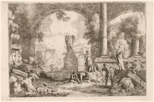 Capriccio van antieke ruïnes met mannen die naar een klassieke redenaar kijken door Marco Ricci