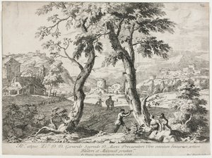 Uitzicht op een dorp met figuren op de voorgrond door Marco Ricci
