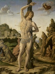 Sint Sebastiaan in een rotsachtig landschap met de heiligen Hiëronymus, Antonius Abt en Christoffel