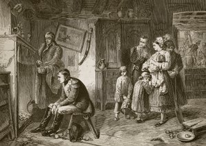 Napoleon zoekt rust in een huisje langs de weg na zijn nederlaag bij Waterloo, gegraveerd door J.D. Cooper