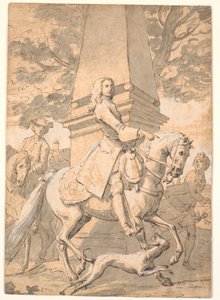 Voorname Heer Gevolgd door Dienaren Rijdt Voorbij een Monument