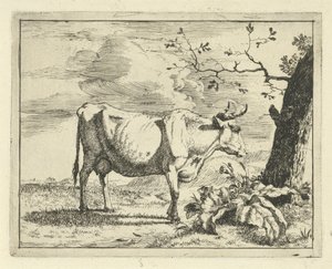 Staande koe bij boom Runderen en varkens (series title) door Marcus de Bye